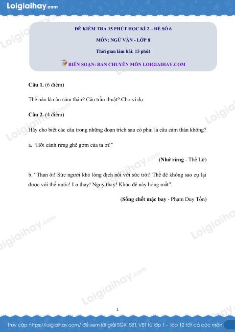 Đề kiểm tra 15 phút Văn 8 - Đề số 6